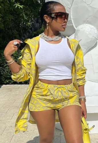 Print Yellow Zipped Up Long Sleeve Hoody Jacket and Matching Shorts Two Piece Set