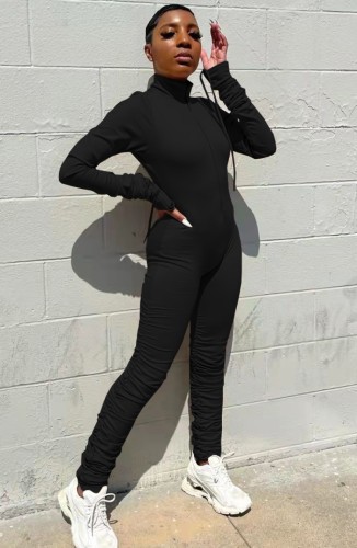 Black Zipped Up Long Sleeve High Neck Stack Slinky Jumpsuit
