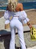 White Off Shoulder Puff Sleeve Crop Top and Pants Two Piece Set