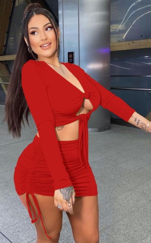 Red Cut Out Tie Long Sleeve Crop Top and Mini Drawstring dress Two Piece Set