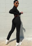 Black Zipped Up Long Sleeve High Neck Stack Slinky Jumpsuit