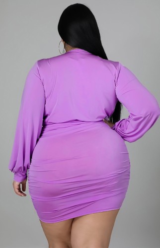 Plus Size Purple V-Neck Long Sleeve Ruffled Sheath Dress