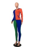 Contrast Color Zipped Up Long Sleeve Drawstring Hoody Top and Pants Two Piece Set