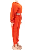 Orange Long Sleeves Tassel Hoody Crop Top and Pants Two Piece Set