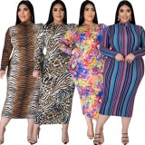 Plus Size Mulitcolor Stripe Print Round Neck Fitted Long Dress
