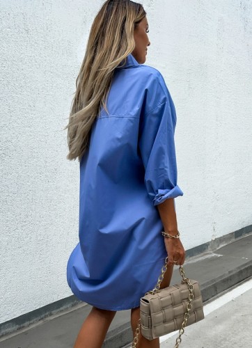 Blue High Low Button Up Long Sleeves Blouse Dress