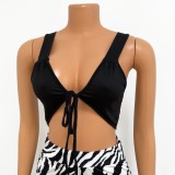Black Vest Crop Top and Zebra Drawstring Skirt Two Piece Set