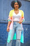 Rainbow Color Contrast Long Cardigans with Pockets