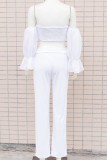 White Off Shoulder Puff Sleeve Crop Top and Pants Two Piece Set