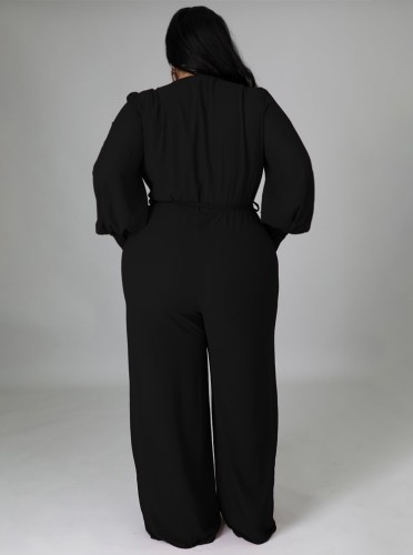 Plus Size Black Wrap Long Sleeves V-Neck Jumpsuit