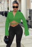 Green Short Long Sleeves Blouse and Black Pants Two Piece Set