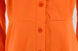 Orange Ruffles Botton Open Long Sleeve Turndown Collar Midi Blouse Dress