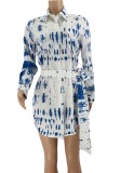 Tie Dye White Long Sleeve Button Up Loose Blouse Dress with Belt