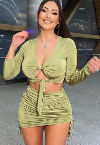 Green Cut Out Tie Long Sleeve Crop Top and Mini Drawstring dress Two Piece Set