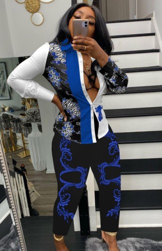 Contrast Color Retro Print Long Sleeve Button Open Shirt and Black Pant Two Piece Set