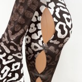 Leopard Print Flare Sleeve Hollow Out Bodycon Jumpsuit