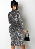 Black Leopard Knotted Zipped Up Long Sleeve Midi Dress