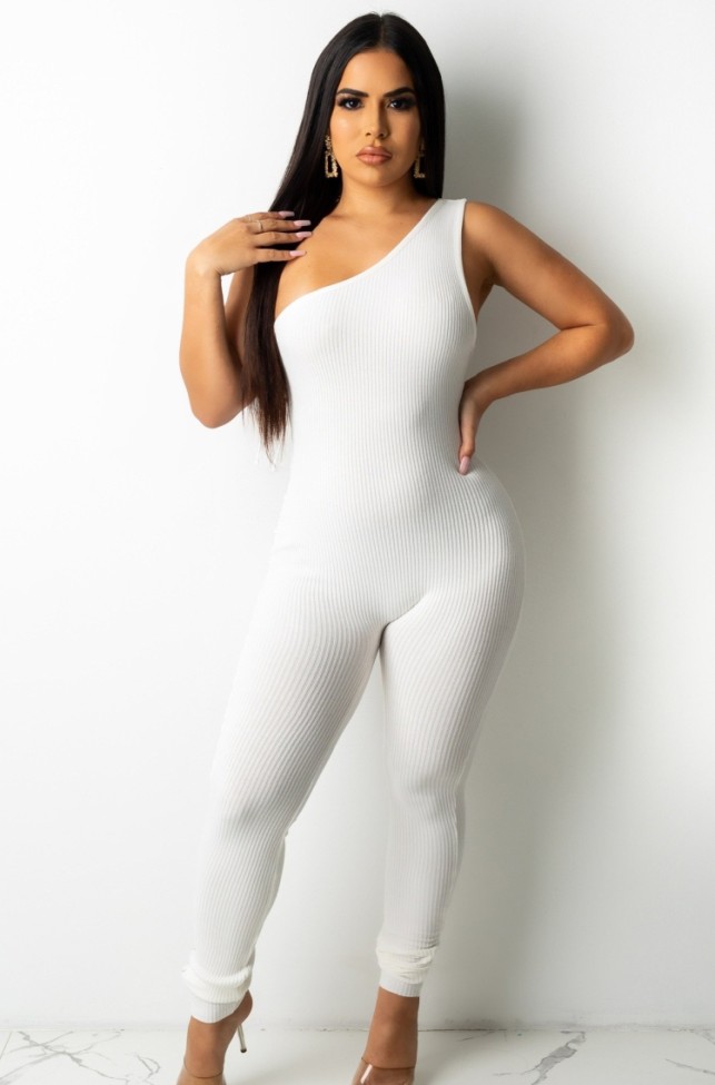White One Shoulder Sleeveless Lace Up Fitted Jumpsuit
