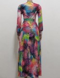 Multicolor Print Wrap V-Neck Long Sleeve Slit Maxi Dress