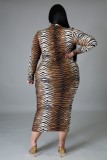 Plus Size Tiger Stripe Print Zipped Up Long Sleeve Fitted Long Dress