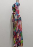 Multicolor Print Wrap V-Neck Long Sleeve Slit Maxi Dress