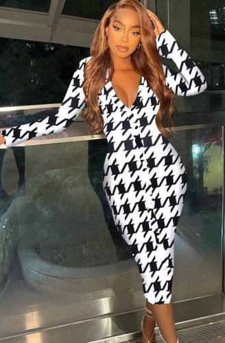 White and Black Print Button Open Long Sleeves V-Neck Long Dress