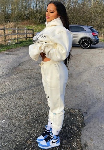 Print White Long Sleeves Hoody Top and Pant Two Piece Set