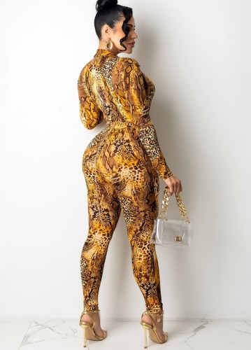 Snake Skin Long Sleeves V-Neck Fitted Top and Pants Two Piece Set