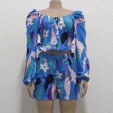 Blue Puff Sleeve Button Up Crop Top and Matching Shorts Two Piece Set