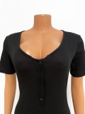 Black Ribbed Button Up Short Sleeve V-Neck Slim Fit Jumpsuit
