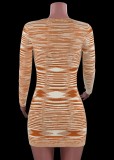 Brown Kintted Long Sleeves O-Neck Mini Bodycon Dress