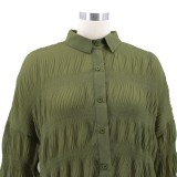 Green Long Sleeve High Low Button Open Shirt