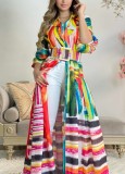 Multicolor Print Turndown Collar Long Sleeve Maxi Dress with Belt