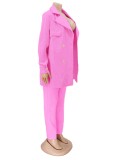 Pink Long Sleeve Turndown Collar Blazer and Pant Two Piece Set