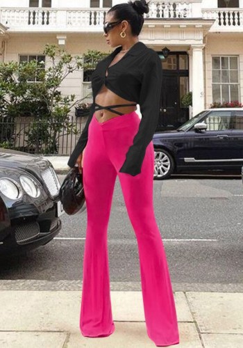 Black Short Long Sleeves Blouse and Pink Pants Two Piece Set
