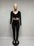Black Velvet Long Sleeve V-Neck Crop Top and Overlap Pants Two Piece Set
