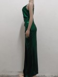 Green Shiny Ruched V-Neck Sleeveless Slit Long Evening Dress