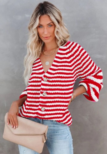 Red Striped Button Up Long Sleeves Loose knitted Cardigan