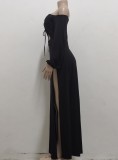 Black Off Shoulder Keyhole High Slit Maxi Dress