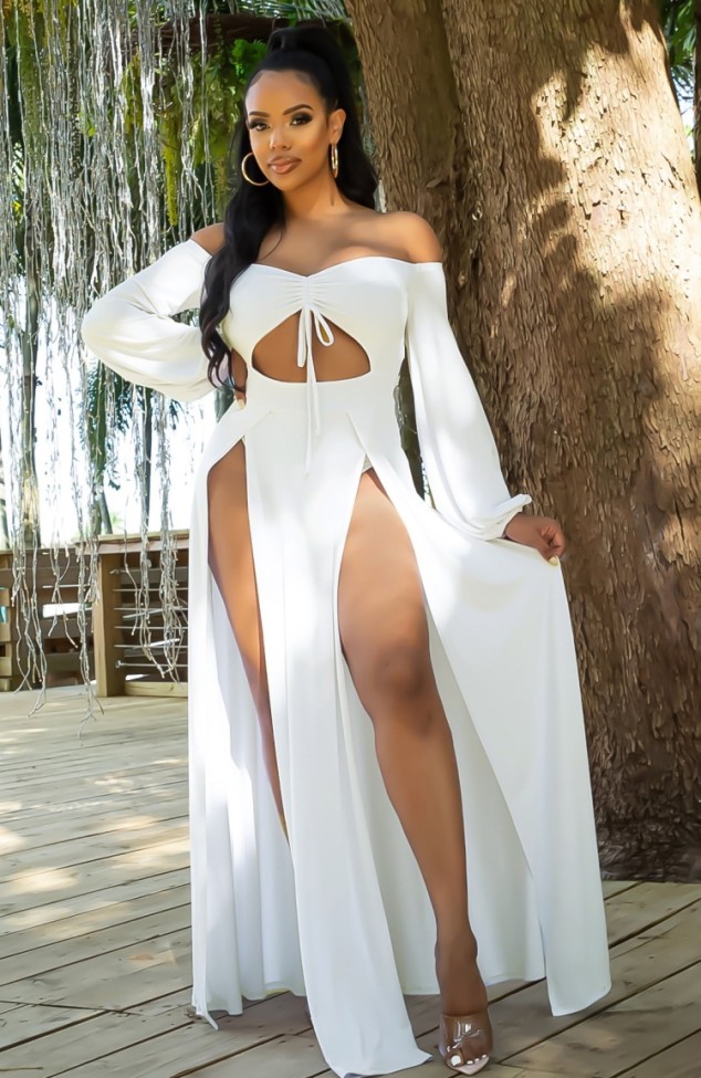 White Off Shoulder Keyhole High Slit Maxi Dress