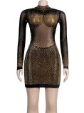 Rhinestone Black Long Sleeve Midi Neck See Through Mini Club Dress