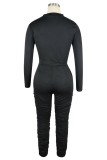 Black Long Sleeves Round Neck Crop Top and Pants Two Piece Set