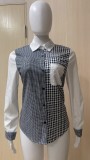 Print Color Block Button Up Long Sleeve Short Blouse Dress