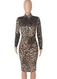 Brown Leopard Knotted Zipped Up Long Sleeve Midi Dress