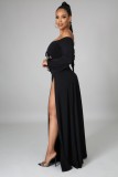 Black Off Shoulder Keyhole High Slit Maxi Dress