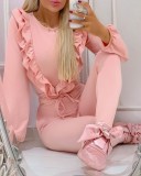 Pink Ruffle Long Sleeves O-Neck Shirt and Pants Two Piece Set