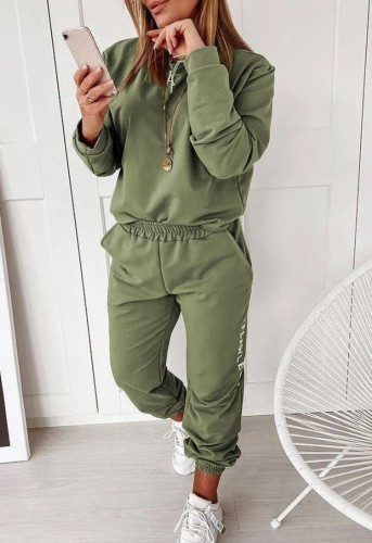 Green Long Sleeves O-Neck Shirt and Pants Two Piece Set