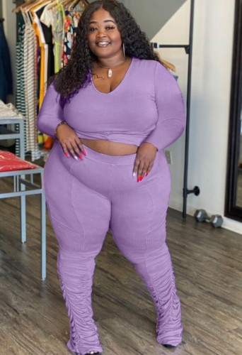 Plus Size Purple Ruched Long Sleeves Shirt and Stacked Pants Two Piece Set