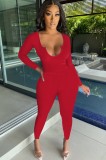 Red U-Neck Long Sleeves Slinky Top and Matching Pant Two Piece Set