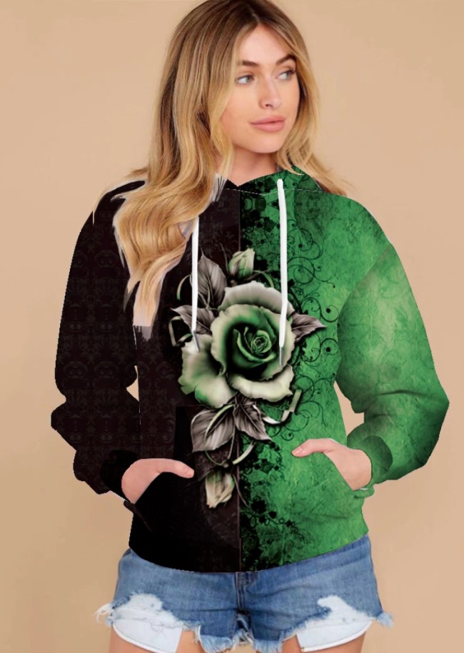 Plus Size Rose Green Long Sleeves Drawstring Hoody Top